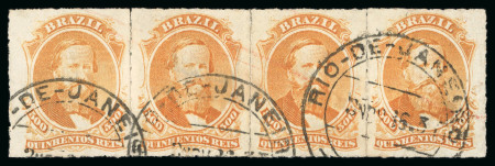 Stamp of Brazil » 1866-83 Dom Pedro » 1876 Roulette "Black Beard" Issue 1876, 500r orange, strip of four, cancelled at Rio de Janeiro