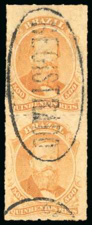 Stamp of Brazil » 1866-83 Dom Pedro » 1876 Roulette "Black Beard" Issue 1876, 500r orange, vertical pair, used with "Registrado"