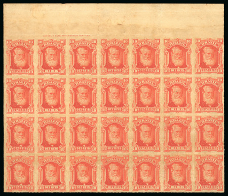 Stamp of Brazil » 1866-83 Dom Pedro » 1877-78 Roulette "White Beard" Issue 1877, 10r vermilion, block of 28 (7x4) from the top
