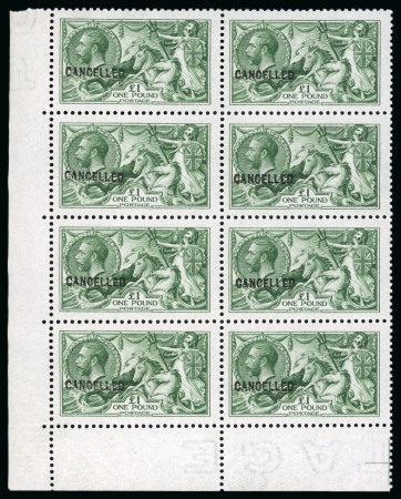 Stamp of Great Britain » King George V » 1913-19 Seahorse Issues 1913 Waterlow £1 green marginal mint NH block of 8