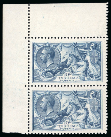Stamp of Great Britain » King George V » 1913-19 Seahorse Issues 1918-19 Bradbury Wilkinson 10s dull blue mint n.h. corner marginal vertical pair both showing major re-entries