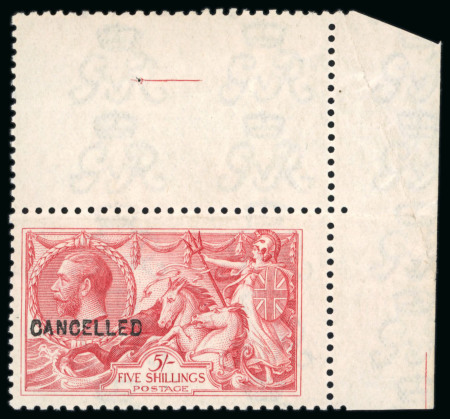 Stamp of Great Britain » King George V » 1913-19 Seahorse Issues 1918-19 Bradbury Wilkinson 5/- red experimental printing
