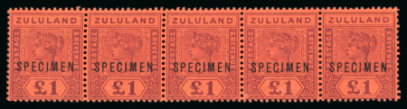 Stamp of South Africa » Zululand 1894-96 £1 purple on red mint n.h. strip of five with "SPECIMEN" overprint