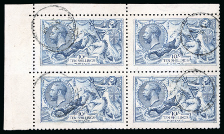 Stamp of Great Britain » King George V » 1913-19 Seahorse Issues 1915 De La Rue 10/-pale blue, used block of four from