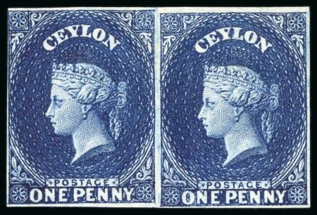 Stamp of Ceylon 1867-70 wmk CC (type 6) 1d deep blue mint o.g. imperf. pair