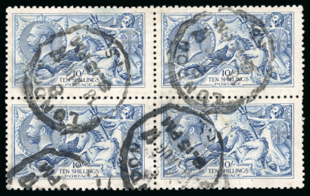 Stamp of Great Britain » King George V » 1913-19 Seahorse Issues 1915 De La Rue, 10/- pale blue used block of four;