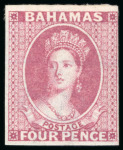 Stamp of Bahamas 1863-77, 4d imperforate proof in bright rose on wmk crown CC on gummed paper