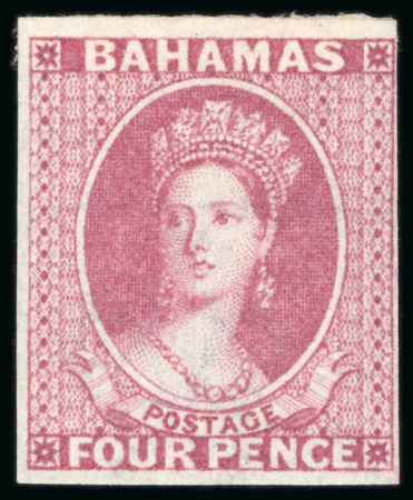 Stamp of Bahamas 1863-77, 4d imperforate proof in bright rose on wmk crown CC on gummed paper