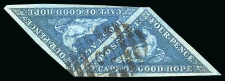 Stamp of South Africa » Cape of Good Hope 1853 4d deep blue on slightly blued paper in pair, with late "3" numeral cancel
