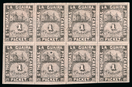 Stamp of Venezuela » St Thomas-La Guaira-Puerto Cabello - Robert Todd Issues 1864, Album page study of the 1 Centavo black on pink