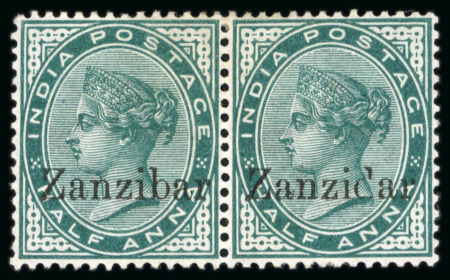 Stamp of Zanzibar » The Zanzibar Post Office (1895-1964) 1895-96, 1/2a green with "Zanzidar" overprint error in mint pair with normal