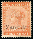 Stamp of Zanzibar » The Zanzibar Post Office (1895-1964) 1895-96, 3a brown-orange with "Zanzidar" overprint