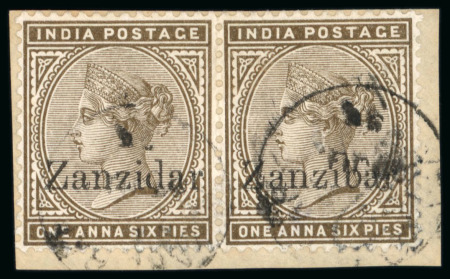 Stamp of Zanzibar » The Zanzibar Post Office (1895-1964) 1895-96, 1a6p sepia with "Zanzidar" overprint error in pair with normal on piece