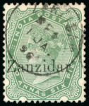 Stamp of Zanzibar » The Zanzibar Post Office (1895-1964) 1895-96, 2a6p yellow-green with "Zanzidar" overprint error, used