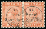 Stamp of Zanzibar » The Zanzibar Post Office (1895-1964) 1895-96, 3a orange-brown with "Zanzidar" overprint error in used pair