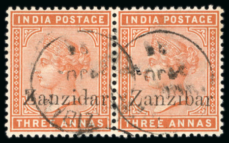 Stamp of Zanzibar » The Zanzibar Post Office (1895-1964) 1895-96, 3a orange-brown with "Zanzidar" overprint error in used pair
