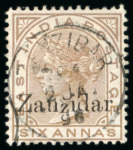 Stamp of Zanzibar » The Zanzibar Post Office (1895-1964) 1895-96, 6a pale brown with "Zanzidar" overprint error, used