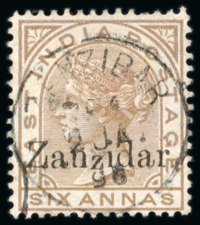 Stamp of Zanzibar » The Zanzibar Post Office (1895-1964) 1895-96, 6a pale brown with "Zanzidar" overprint error, used