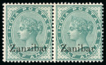 Stamp of Zanzibar » The Zanzibar Post Office (1895-1964) 1895-96, 1/2a blue-green with "Zanibar" overprint error, mint pair with normal