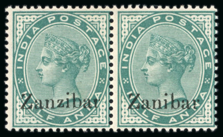 Stamp of Zanzibar » The Zanzibar Post Office (1895-1964) 1895-96, 1/2a blue-green with "Zanibar" overprint error, mint pair with normal
