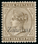 Stamp of Zanzibar » The Zanzibar Post Office (1895-1964) 1895-96, 1a6p sepia with "Zanibar" overprint error mint