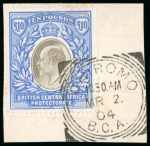 Stamp of Nyasaland 1903 £10 grey and blue, neatly tied to piece by a