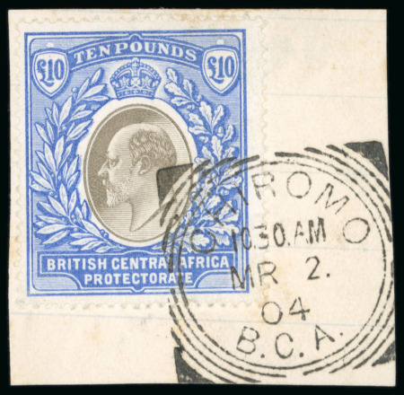 Stamp of Nyasaland 1903 £10 grey and blue, neatly tied to piece by a