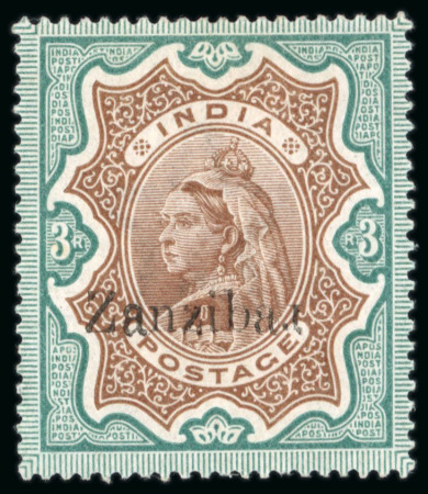 Stamp of Zanzibar » The Zanzibar Post Office (1895-1964) 1895-96, 3R brown and green with inverted "r" in "Zanzibar" overprint error, mint l.h.