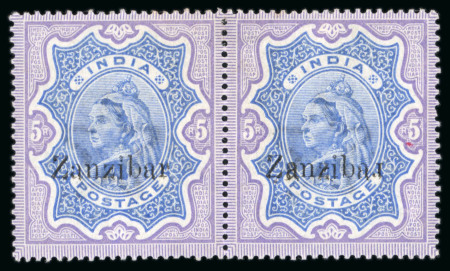 Stamp of Zanzibar » The Zanzibar Post Office (1895-1964) 1895-96, 5R ultramarine & violet with inverted "r" in "Zanzibar" overprint error in mint pair with normal