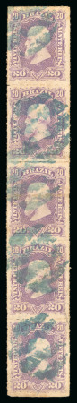 Stamp of Brazil » 1866-83 Dom Pedro » 1877-78 Roulette "White Beard" Issue 1877, 20r deep violet, vertical strip of five used