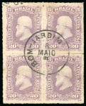 Stamp of Brazil » 1866-83 Dom Pedro » 1877-78 Roulette "White Beard" Issue 1877, 20r violet, block of four showing centrally struck