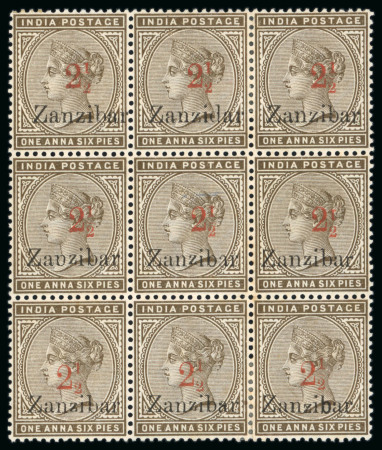 Stamp of Zanzibar » The Zanzibar Post Office (1895-1964) 1895-96, 2 1/2 on 1a6p (type 2) mint block of nine with one stamp showing "Zanzidar" variety