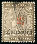 Stamp of Zanzibar » The Zanzibar Post Office (1895-1964) 1895-96, 2 1/2 on 1a6p (type 2) showing "Zanzidar"overprint error, used