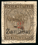 Stamp of Zanzibar » The Zanzibar Post Office (1895-1964) 1895-96, 2 1/2 on 1a6p (type 2) showing "Zanizbar"overprint error, tied to small piece