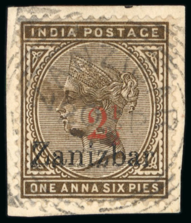 Stamp of Zanzibar » The Zanzibar Post Office (1895-1964) 1895-96, 2 1/2 on 1a6p (type 2) showing "Zanizbar"overprint error, tied to small piece