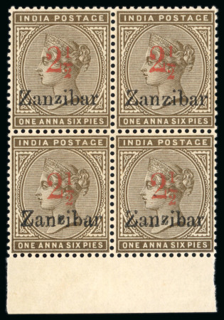 Stamp of Zanzibar » The Zanzibar Post Office (1895-1964) 1895-96, 2 1/2 on 1a6p type 6 in mint n.h. lower marginal block of four