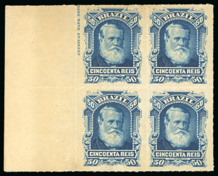 Stamp of Brazil » 1866-83 Dom Pedro » 1877-78 Roulette "White Beard" Issue 1877, 50r blue, a spectacular block of four, unused without gum