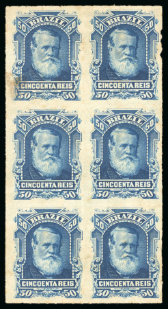 Stamp of Brazil » 1866-83 Dom Pedro » 1877-78 Roulette "White Beard" Issue 1877, 50r blue, vertical block of six, uncommonly intense