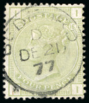 Stamp of Great Britain » 1855-1900 Surface Printed » 1873-80 Large Coloured Corner Letters 4d Sage-green Plate 15 Fresh Central CDS used (S.G. £325).