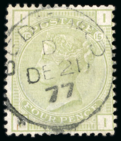 Stamp of Great Britain » 1855-1900 Surface Printed » 1873-80 Large Coloured Corner Letters 4d Sage-green Plate 15 Fresh Central CDS used (S.G. £325).