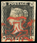 Stamp of Great Britain » 1840 1d Black and 1d Red plates 1a to 11 Penny Black (ML) Plate 6 (light thin) STUNNING RED CROSS