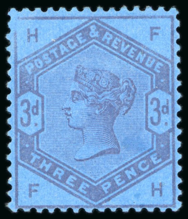 Stamp of Great Britain » 1855-1900 Surface Printed » 1883-84 Lilac & Green Issue 1883-84 3d. colour trial in Purple on Blue Paper,