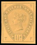 Stamp of Great Britain » 1855-1900 Surface Printed » 1883-84 Lilac & Green Issue 1883-84 1 1/2d. Imperf colour trial in green on orange Paper, 