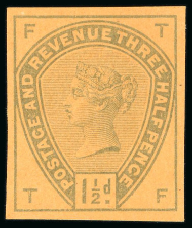 Stamp of Great Britain » 1855-1900 Surface Printed » 1883-84 Lilac & Green Issue 1883-84 1 1/2d. Imperf colour trial in green on orange Paper, 