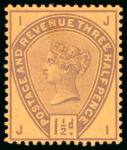 Stamp of Great Britain » 1855-1900 Surface Printed » 1883-84 Lilac & Green Issue 1883-84 1 1/2d perforated colour trial in purple on orange Paper,