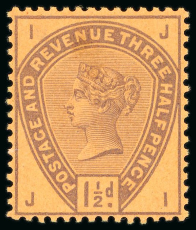 Stamp of Great Britain » 1855-1900 Surface Printed » 1883-84 Lilac & Green Issue 1883-84 1 1/2d perforated colour trial in purple on orange Paper,