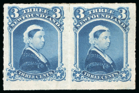 Stamp of Canada » Newfoundland 3c Blue PAIR Rouletted mint SCARCE Cat 650++ Pounds