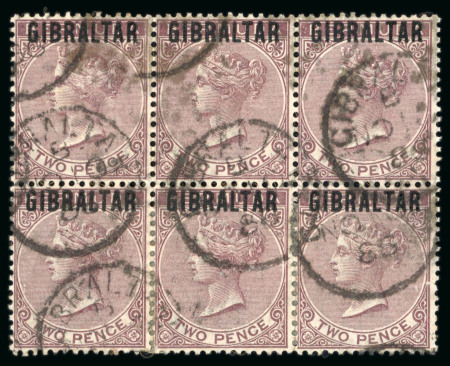 Stamp of Gibraltar 1886 3d. purple brown fine used block of six; a rare