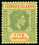 Stamp of Leeward Islands 1938-51 5/- green and red on yellow paper,