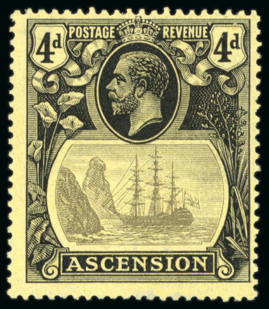 Stamp of Ascension 1924-33 4d. grey and black on yellow, variety Torn Flag